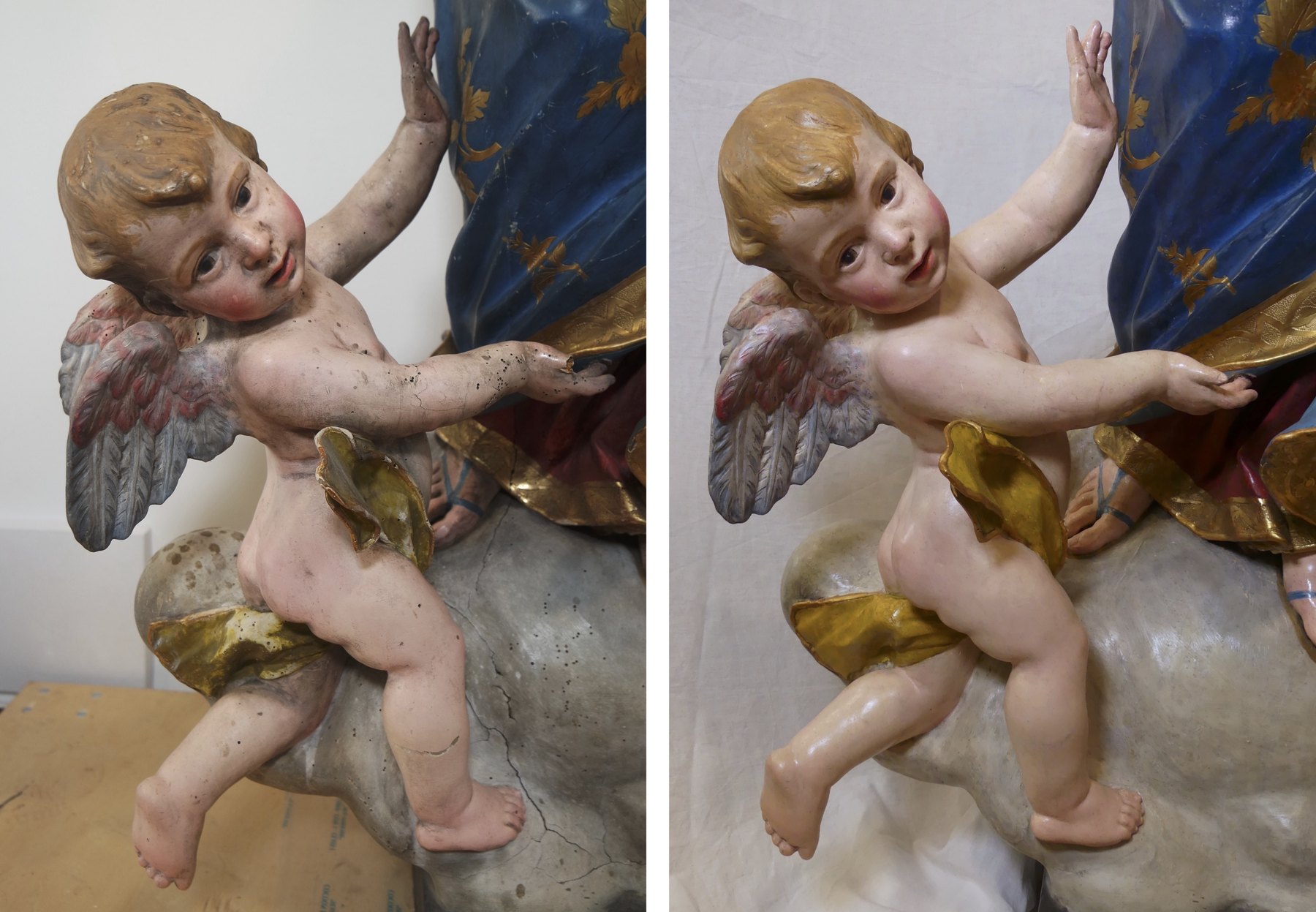 Prima e dopo il restauro di una scultura policroma