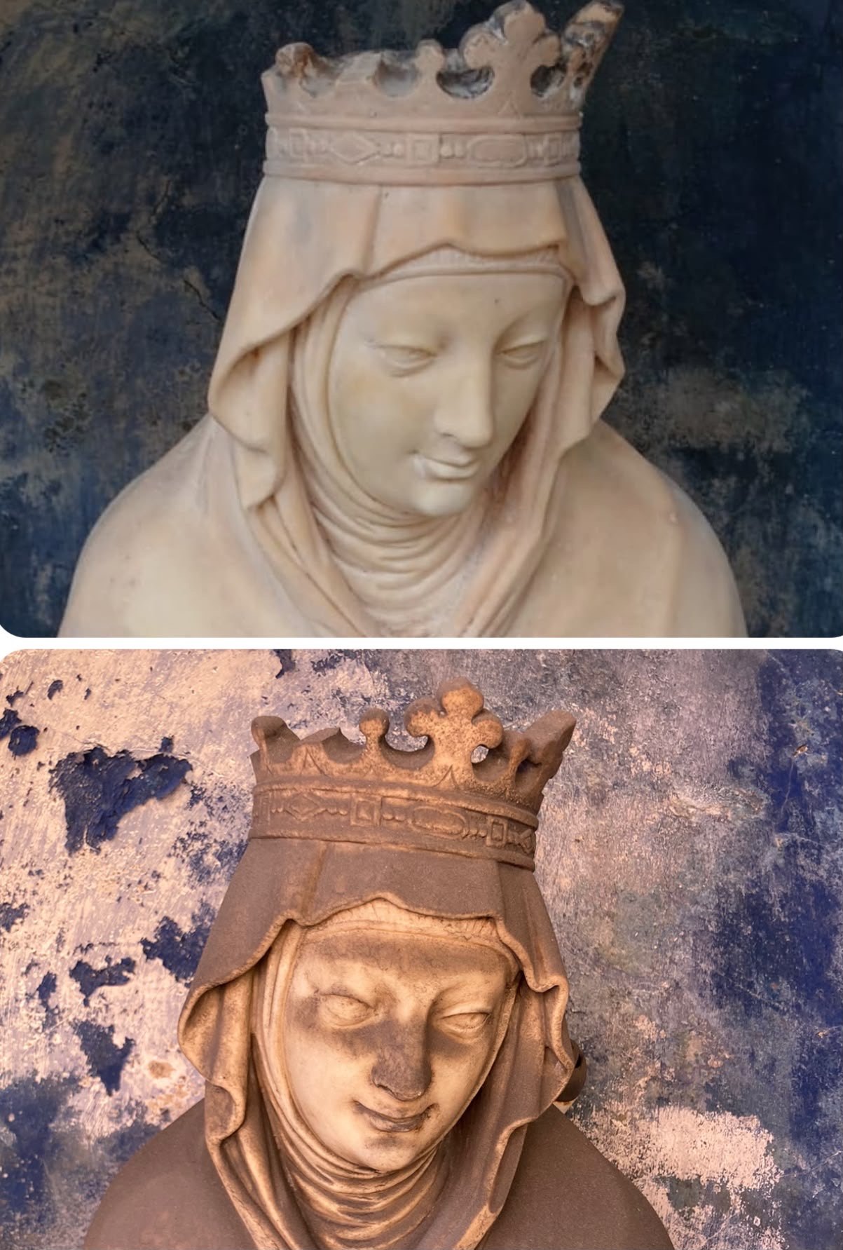 Prima e dopo il restauro di una scultura policroma